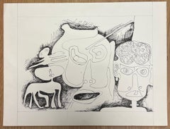 Original 1970's French Line Drawing with Faces and Figures