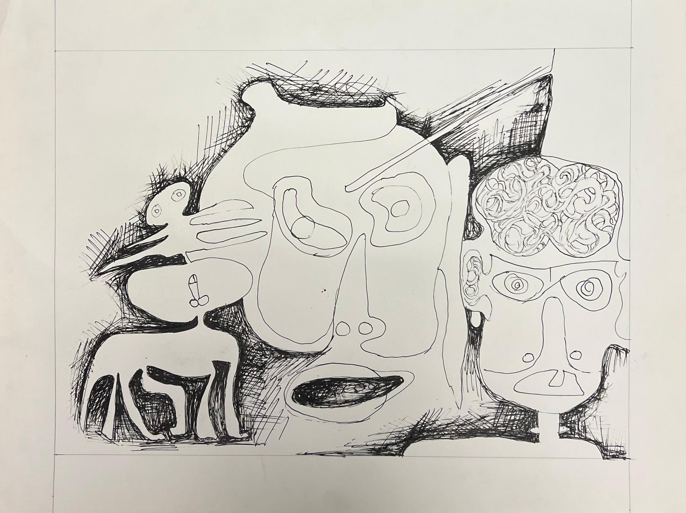 Disegno al tratto originale francese degli anni '70 con volti e figure - Painting Astratto di Claude Lagouche