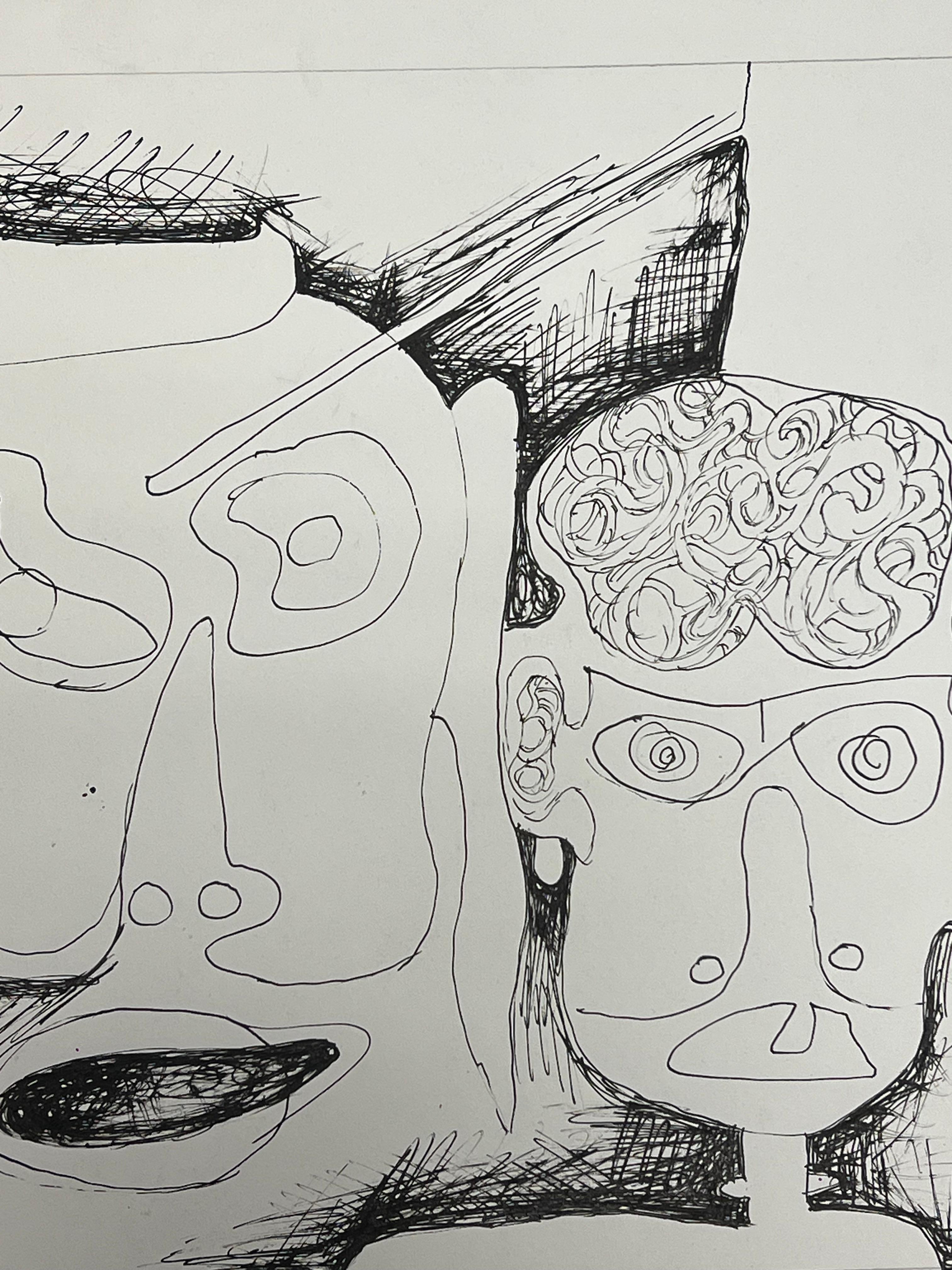 Disegno al tratto originale francese degli anni '70 con volti e figure - Abstract Painting Grigio di Claude Lagouche