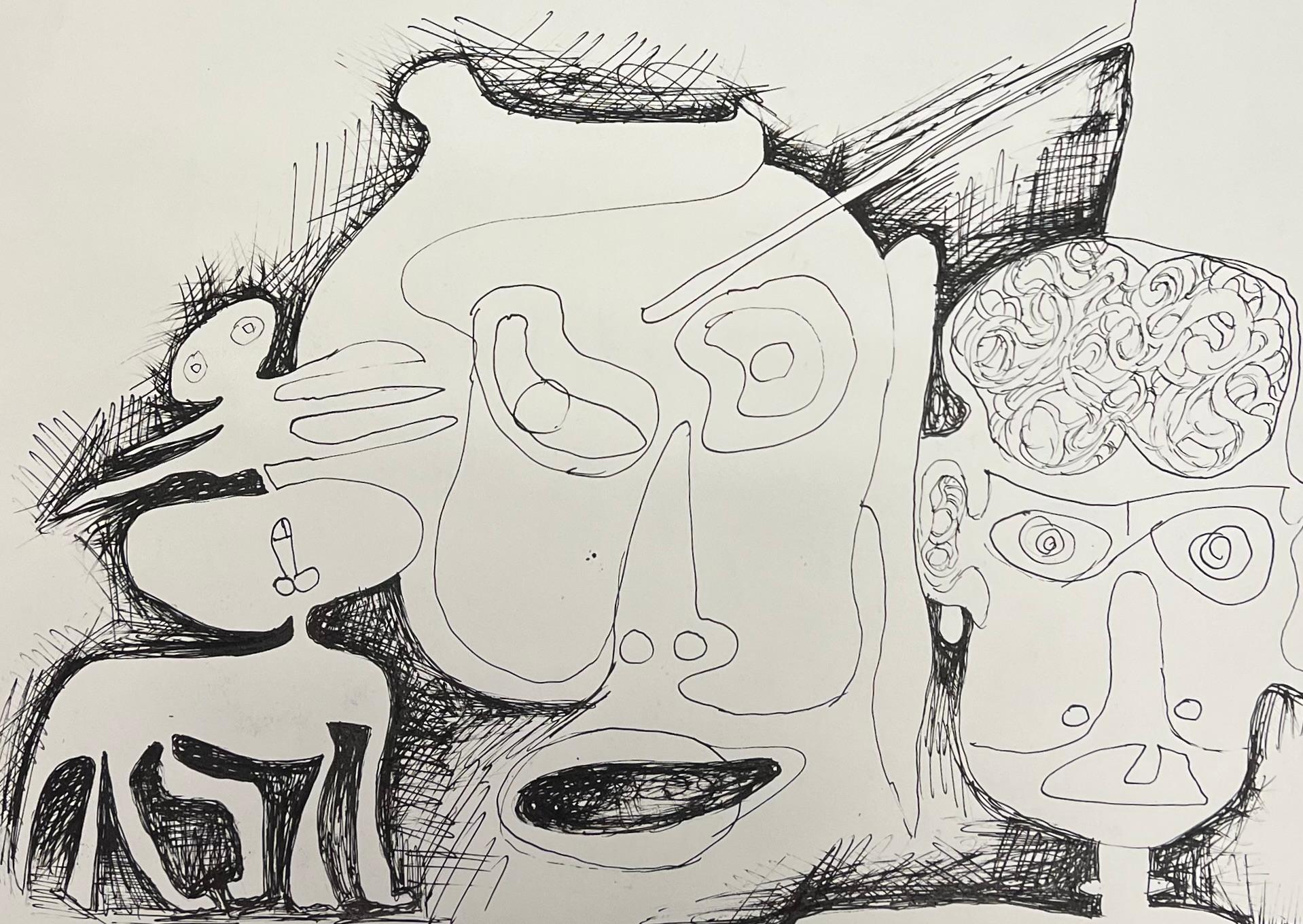 Original 1970er Jahre Französisch Linie Zeichnung mit Gesichtern und Figuren