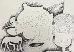 Original 1970er Jahre Französisch Linie Zeichnung mit Gesichtern und Figuren