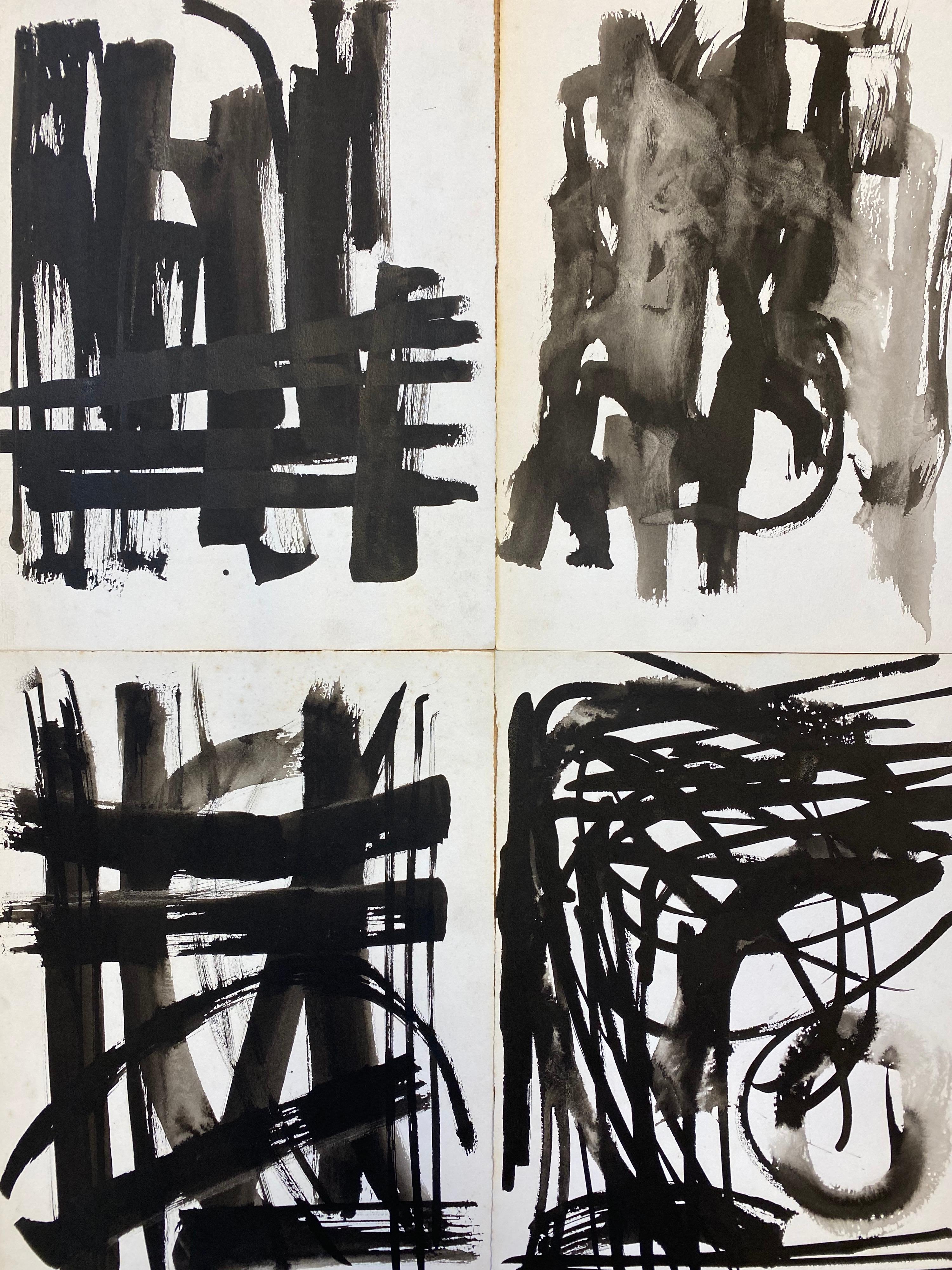 SET OF 4 - ORIGINAL 1970'S FRENCH ABSTRACT BLACK & WHITE PAINTINGS - Painting by Claude Lagouche