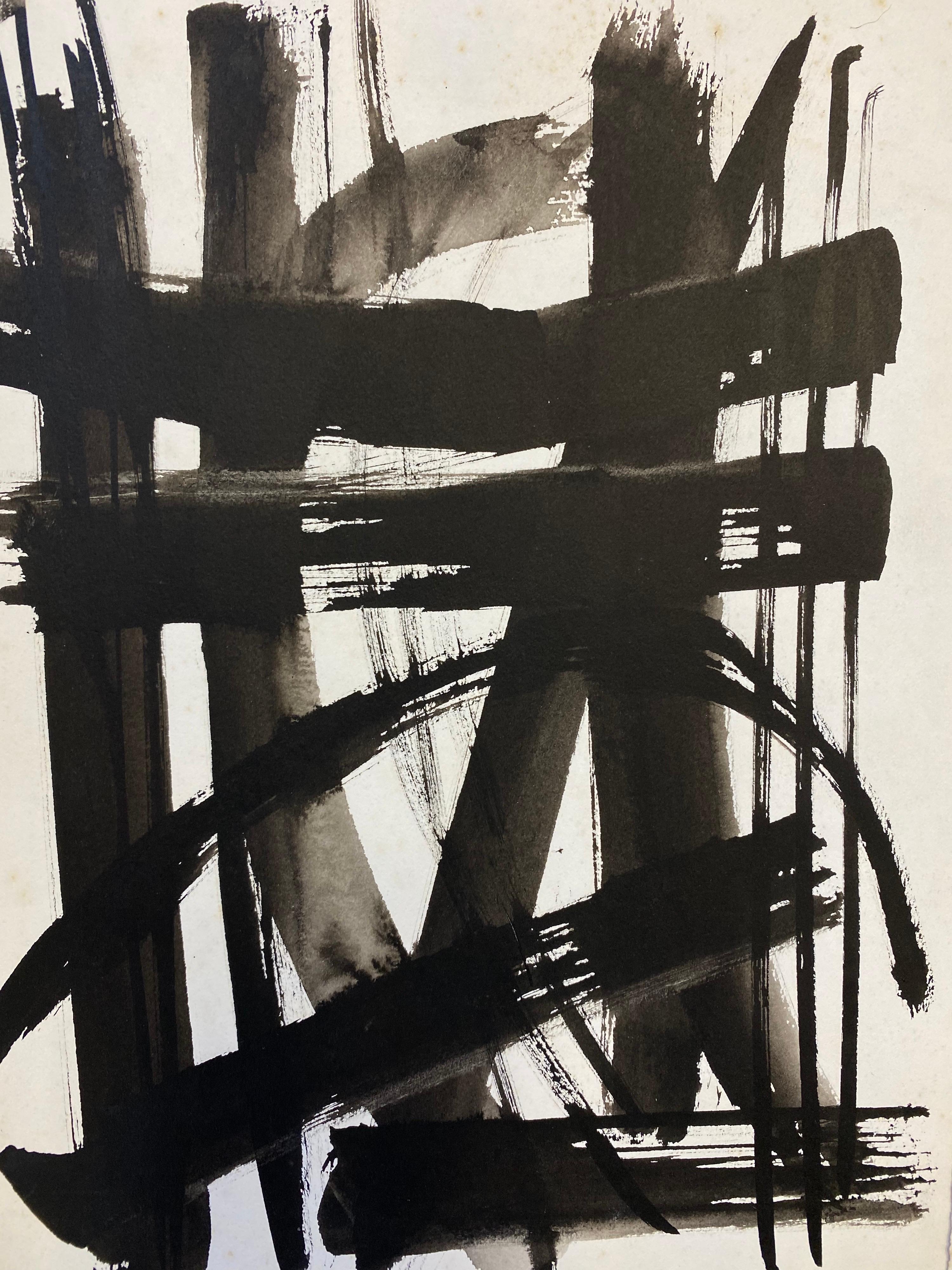 SET DI 4 - DIPINTI ASTRATTI FRANCESI IN BIANCO E NERO ORIGINALI DEGLI ANNI '70 - Abstract Painting Nero di Claude Lagouche