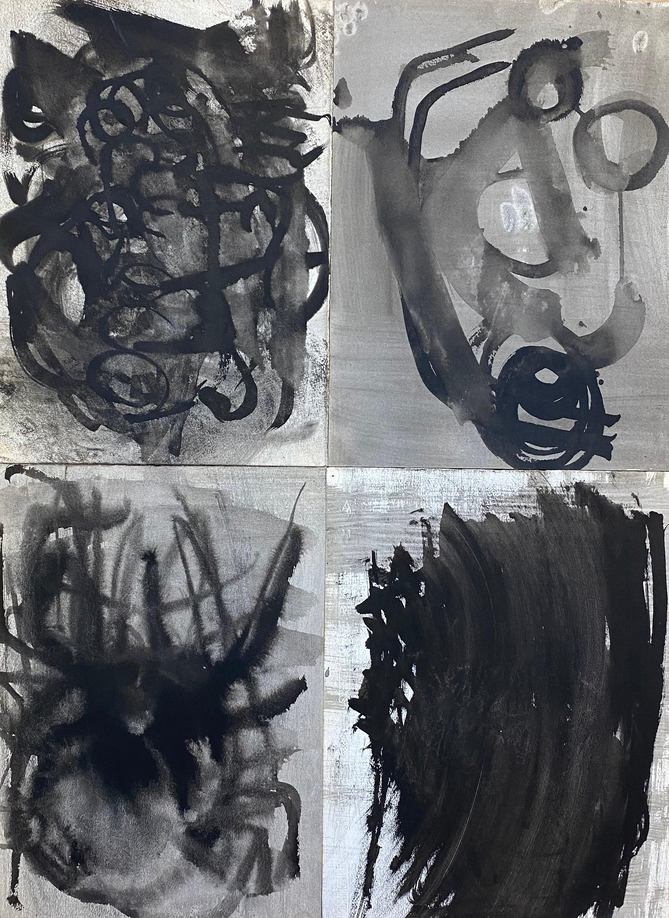 SET OF 4 - ORIGINAL 1970'S FRENCH ABSTRACT BLACK & WHITE PAINTINGS - Painting by Claude Lagouche
