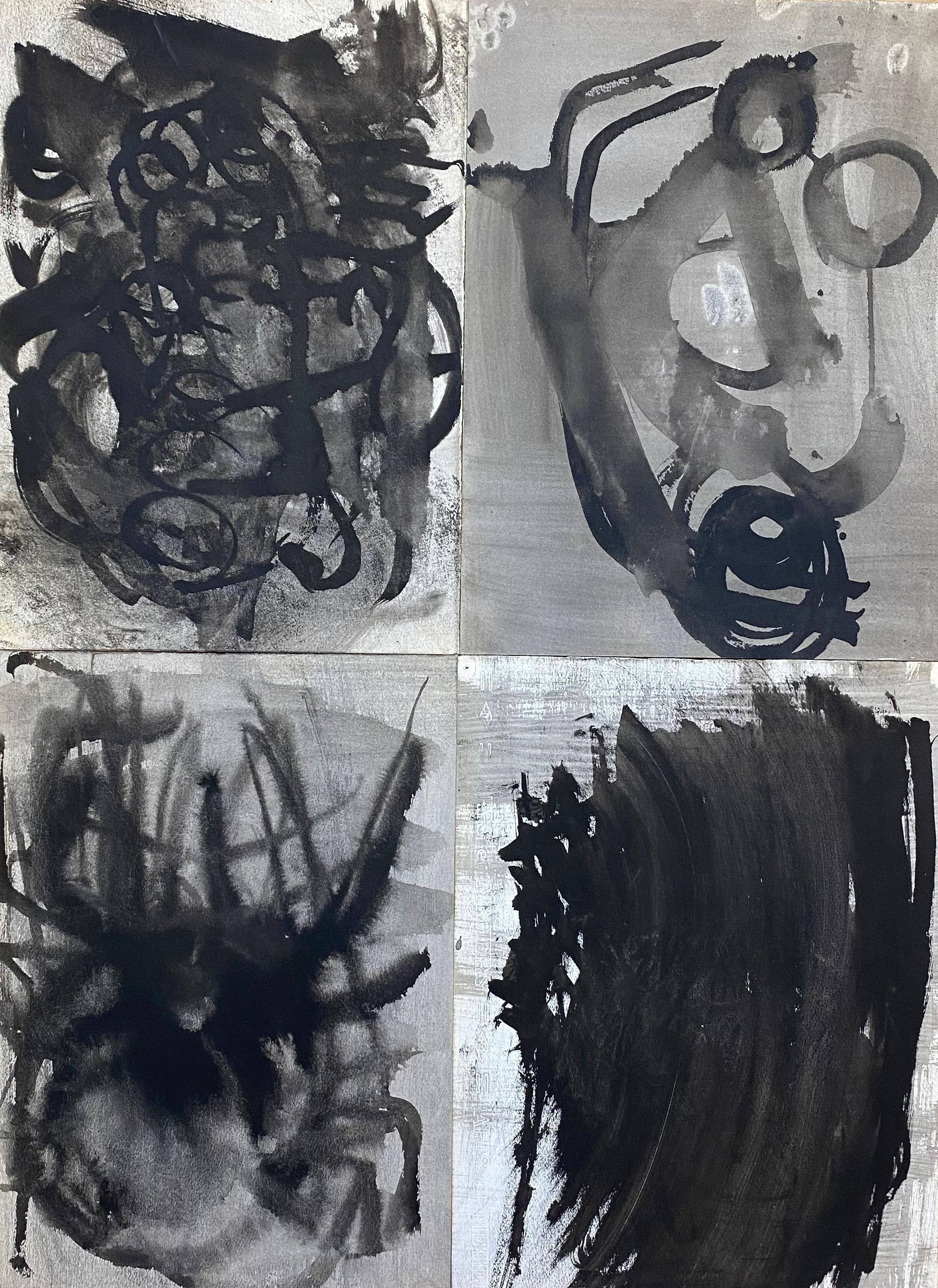 SET DI 4 - DIPINTI ASTRATTI FRANCESI IN BIANCO E NERO ORIGINALI DEGLI ANNI '70 - Painting di Claude Lagouche
