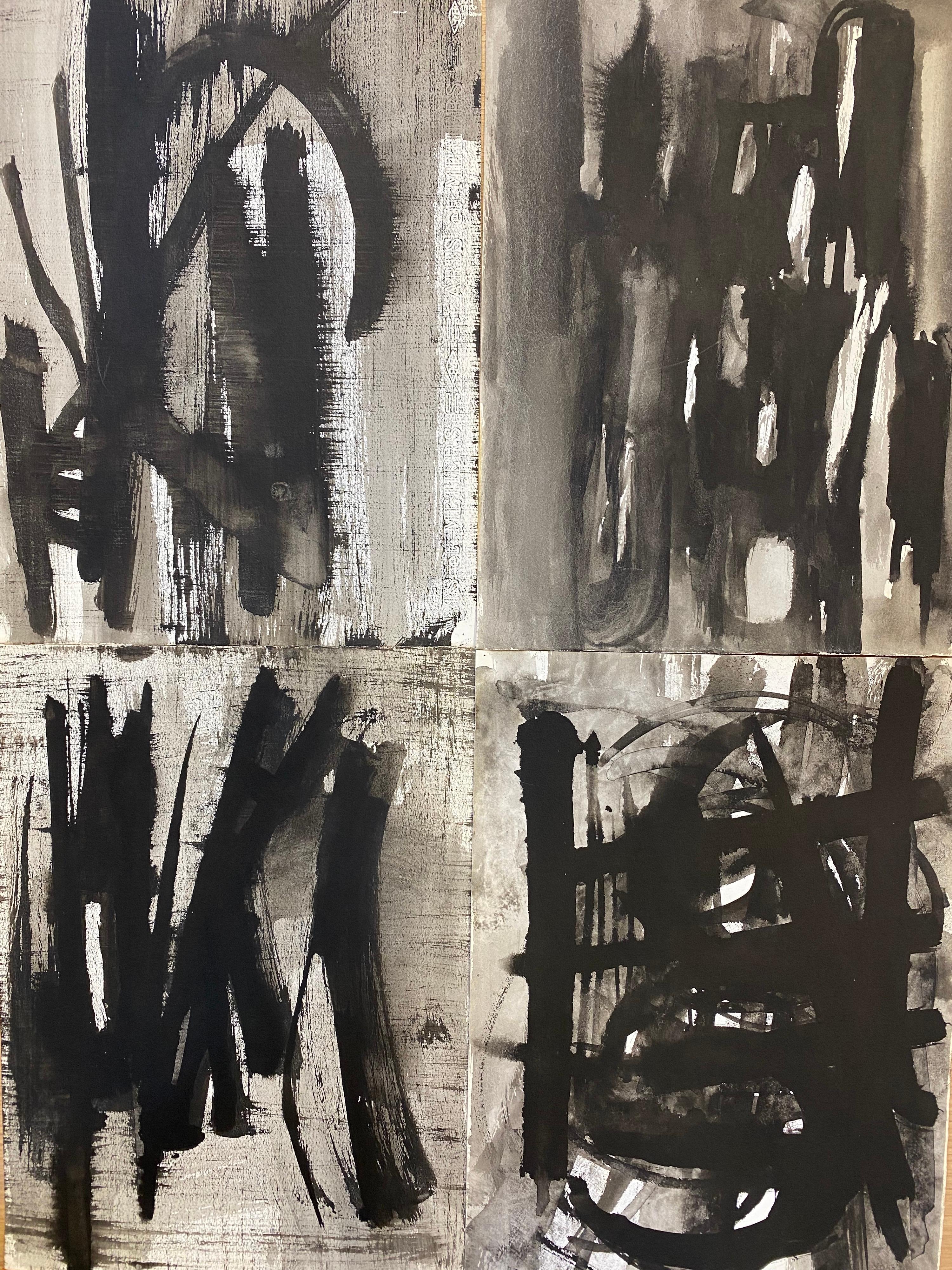 Claude Lagouche Abstract Painting - SET OF 4 - ORIGINAL 1970'S FRENCH ABSTRACT BLACK & WHITE PAINTINGS