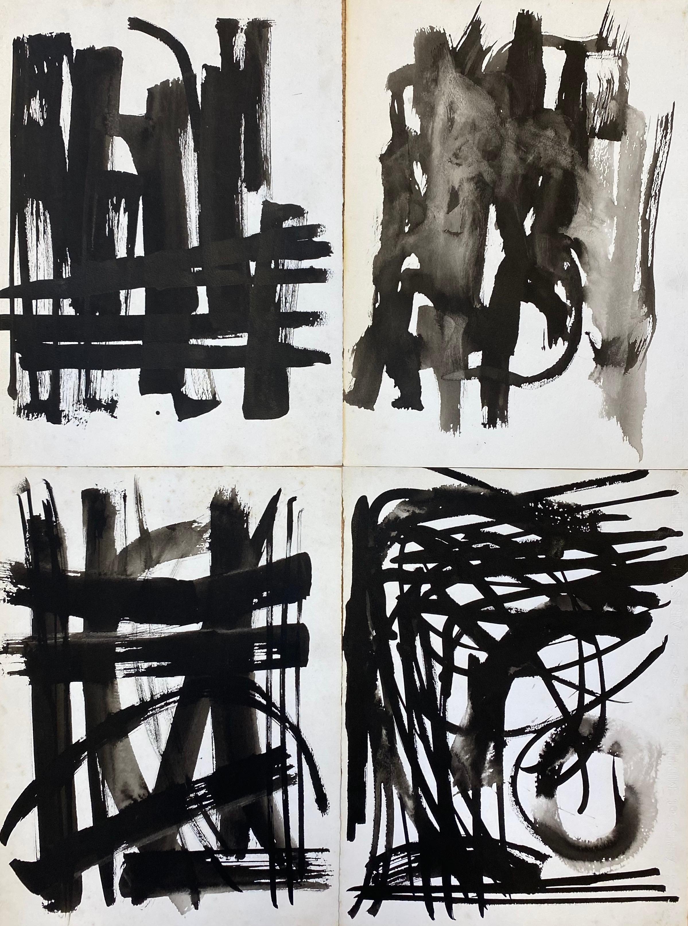 Claude Lagouche Abstract Painting - SET OF 4 - ORIGINAL 1970'S FRENCH ABSTRACT BLACK & WHITE PAINTINGS
