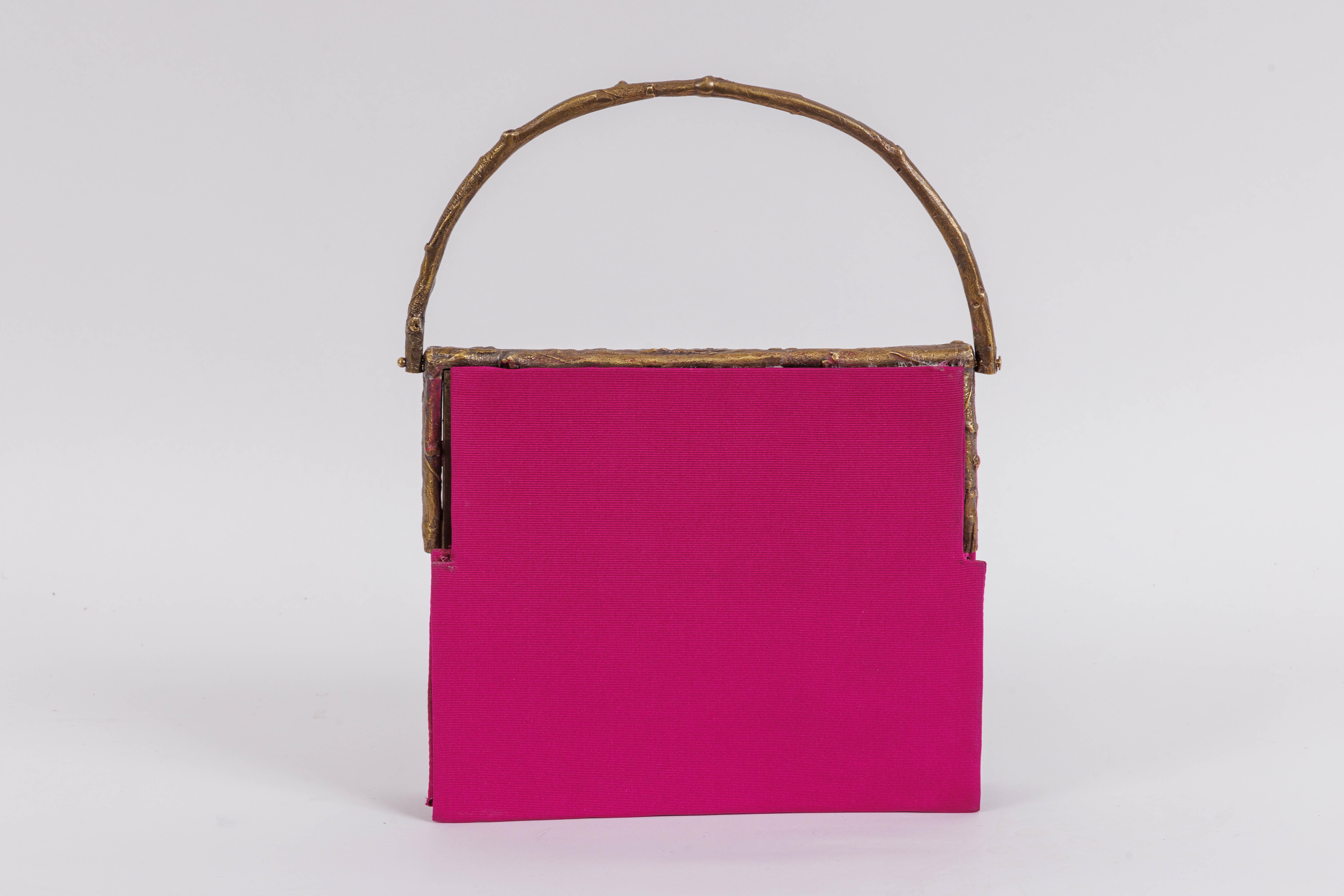 Claude Lalanne (French, 1925-2019) A Rare Pink Silk and Bronze Ginkgo Handbag For Sale 3