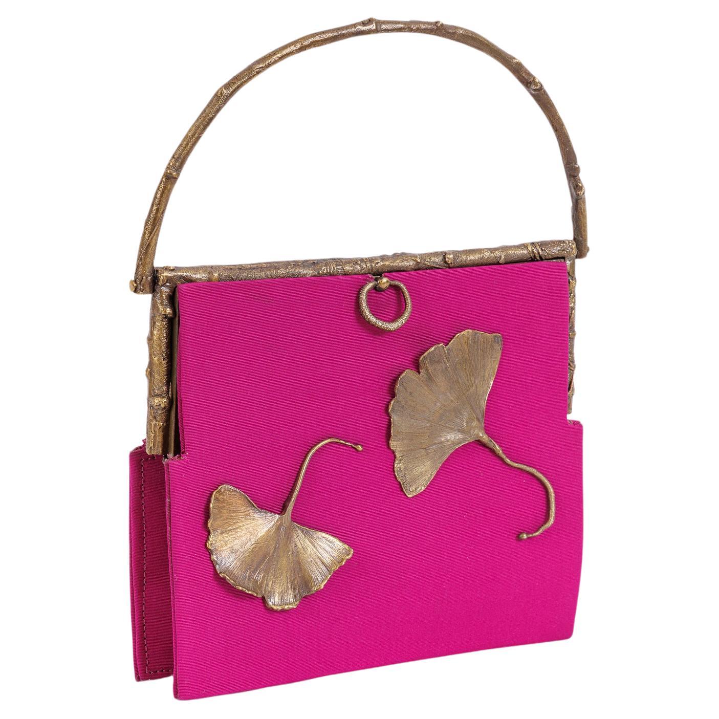 Claude Lalanne (French, 1925-2019) A Rare Pink Silk and Bronze Ginkgo Handbag For Sale