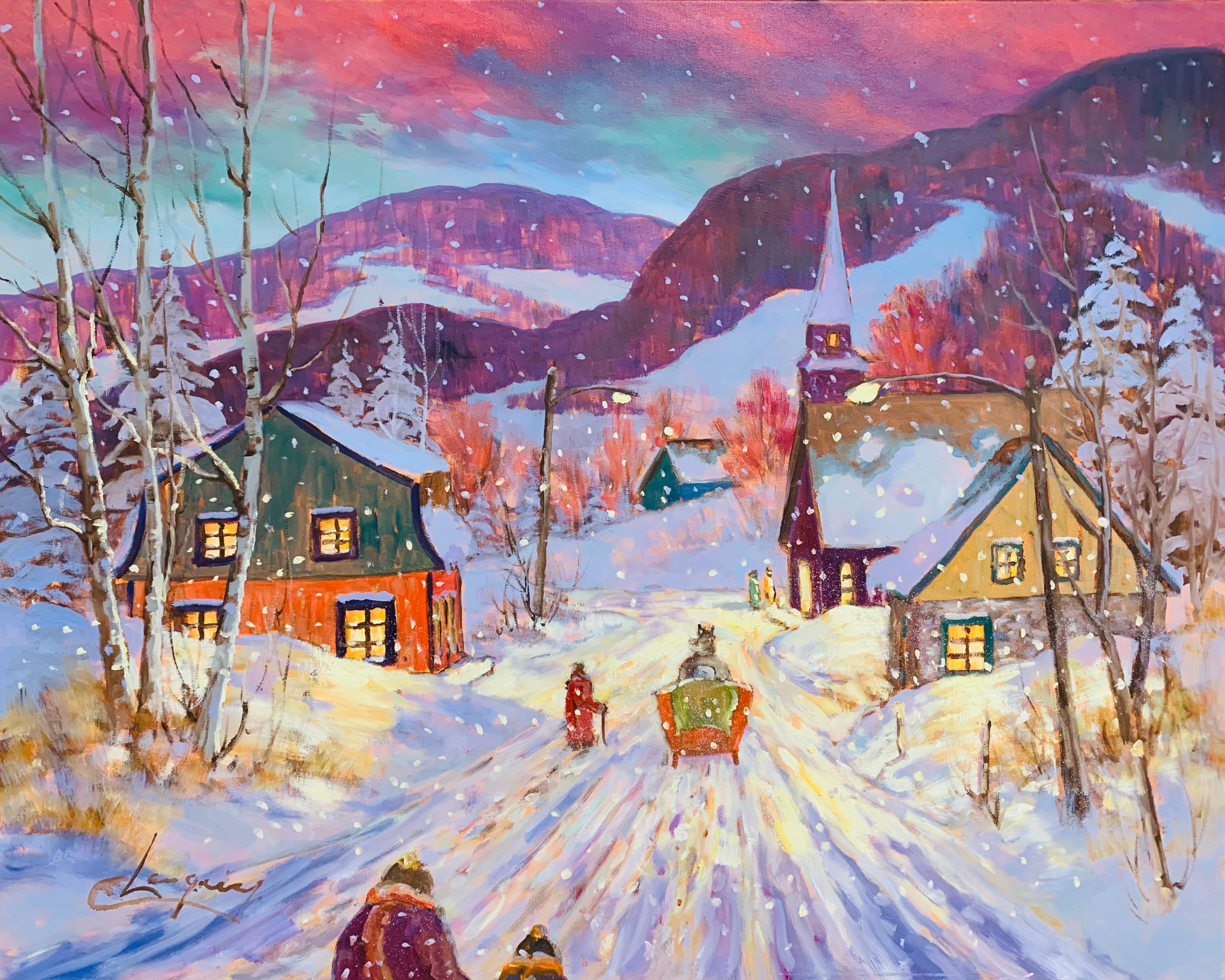Claude Langevin Landscape Painting – Soirée enneigée
