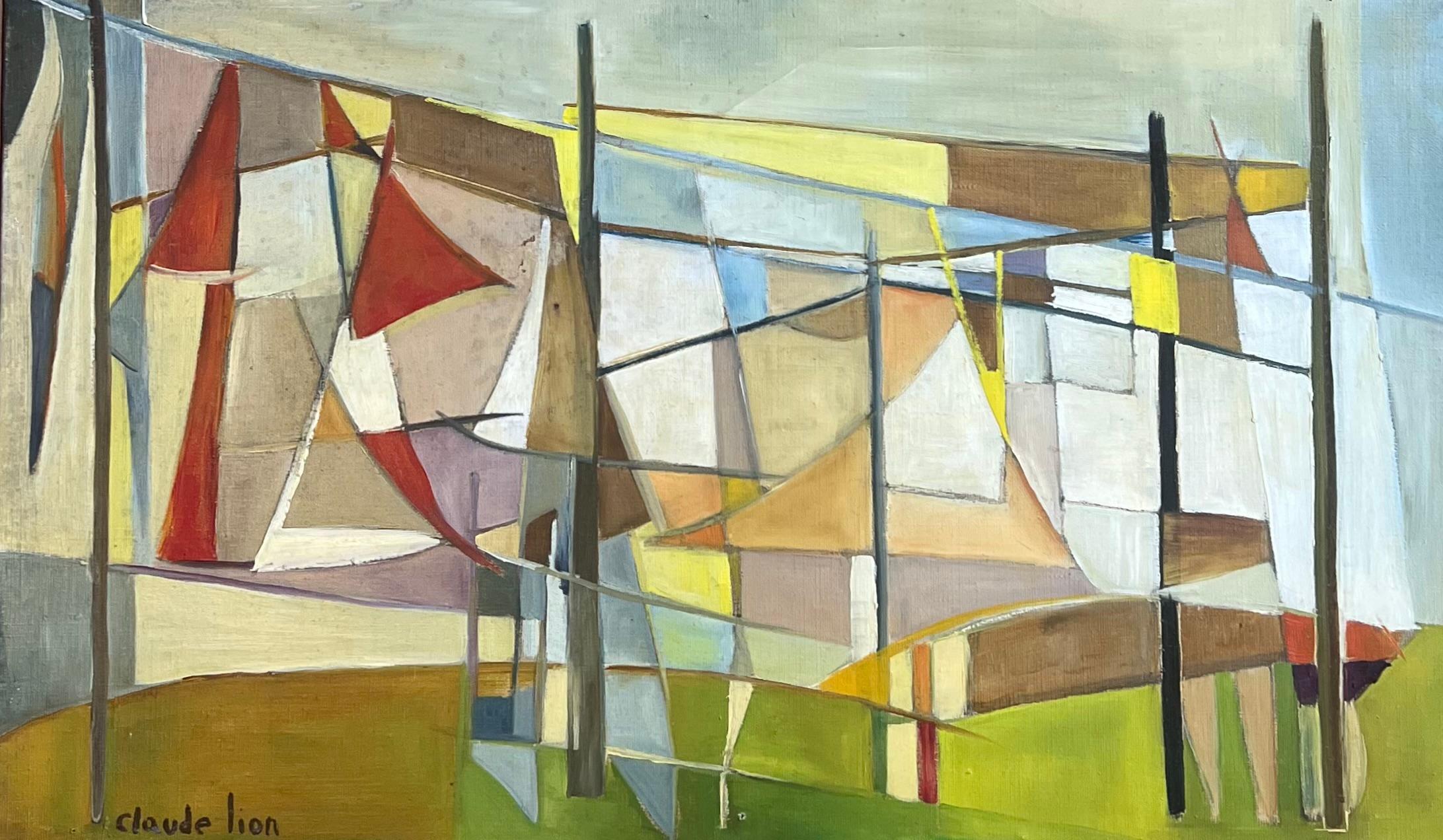1950's French Cubist Signed Oil Abstract Shapes Colorful Composition - Painting by Claude Lion