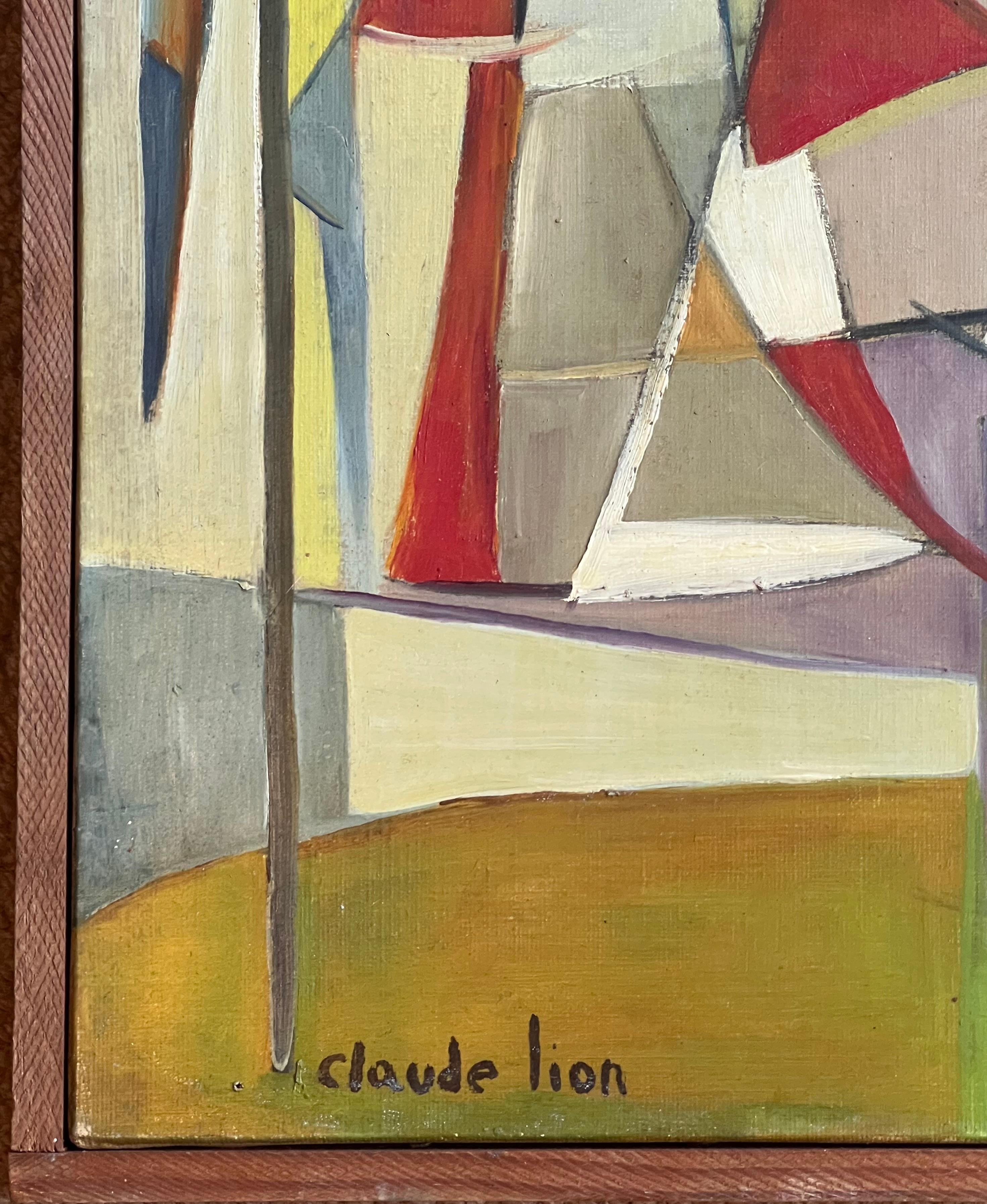 1950's French Cubist Signed Oil Abstract Shapes Colorful Composition - Brown Abstract Painting by Claude Lion