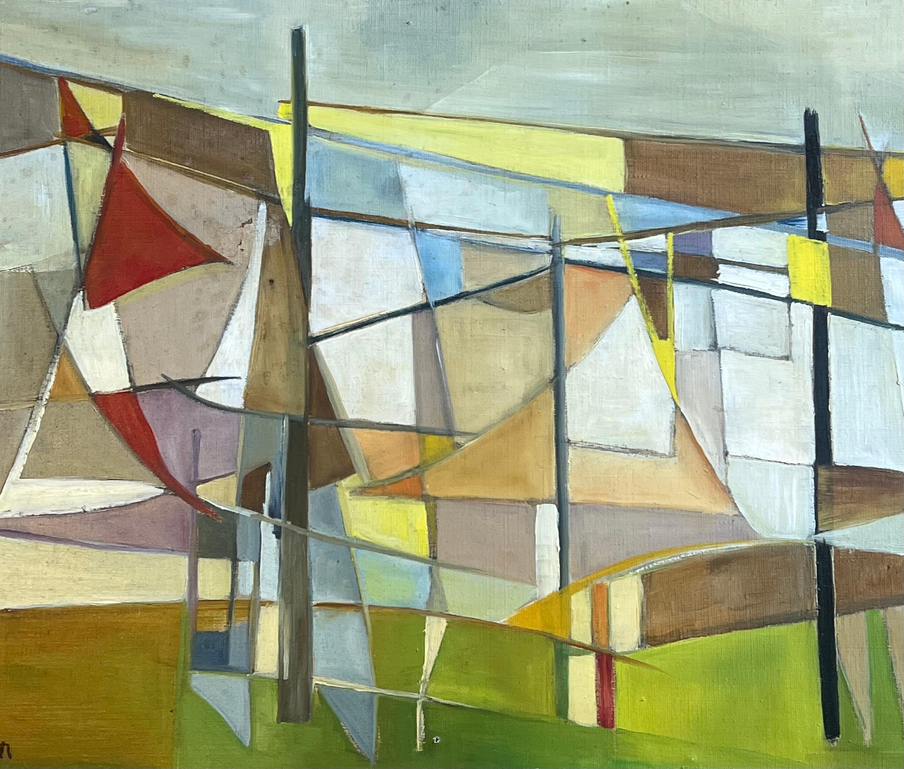 1950's French Cubist Signed Oil Abstract Shapes Colorful Composition For Sale 1