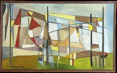 1950's French Cubist Signed Oil Abstract Shapes Colorful Composition