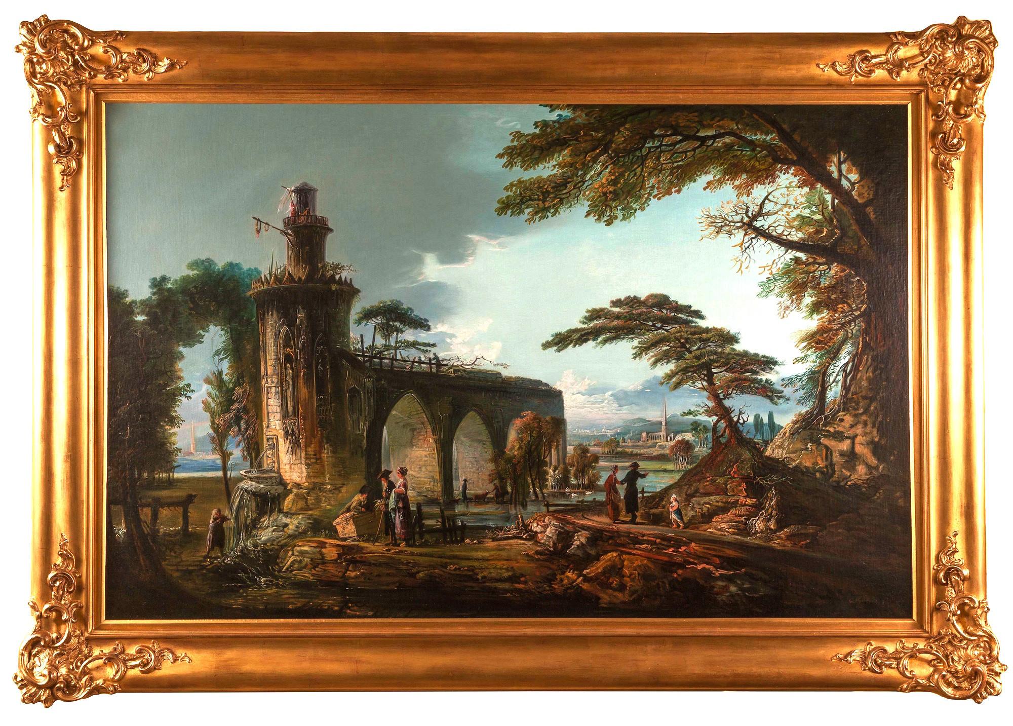 Oil painting; Italian Landscape in the style of Claude Lorraine (1600-1682). 