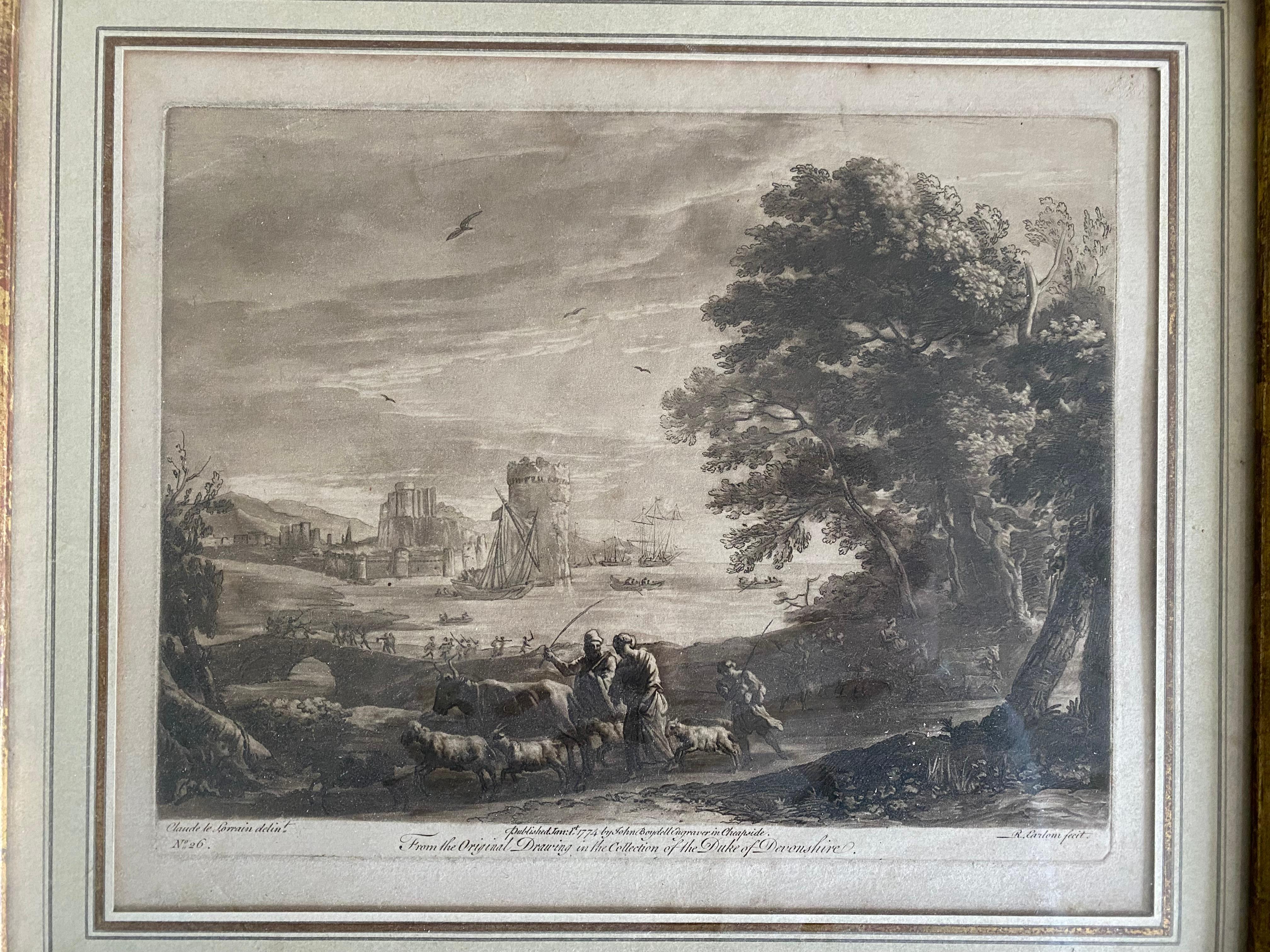 Beautiful engraving made by John Boydell from a work by Claude Lorrain. It represents shepherds guiding their cattle in the forest in front of a harbor landscape with ships. On the back of the frame is glued the framer's label with the words:
