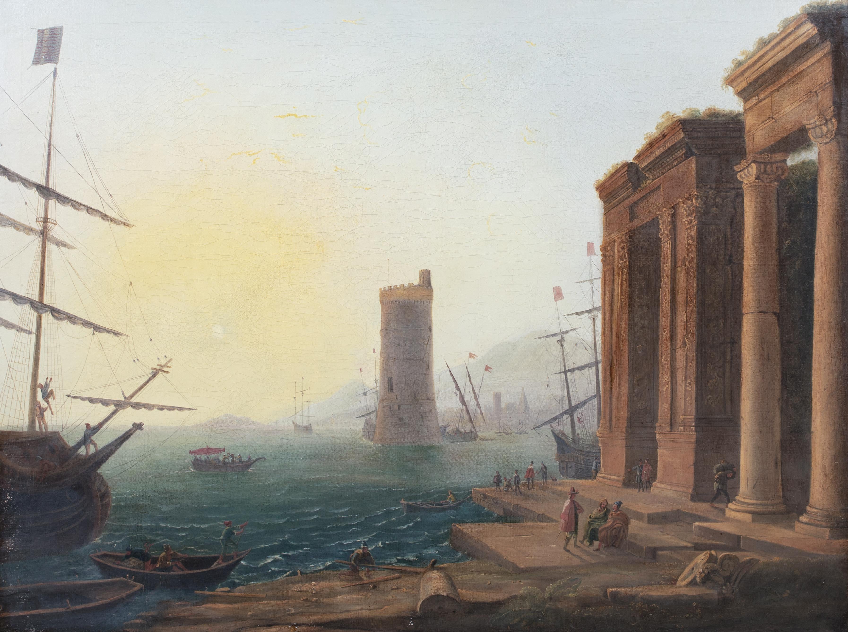 Sonnenuntergang Port-Landschaft, um 1690

Claude LORRAIN Schule von Claude LORRAIN (1600-1682)

Riesige klassische Hafenlandschaft des 17./18. Jahrhunderts mit Figuren und vertäuten Schiffen bei Sonnenuntergang, Öl auf Leinwand. Eine riesige und