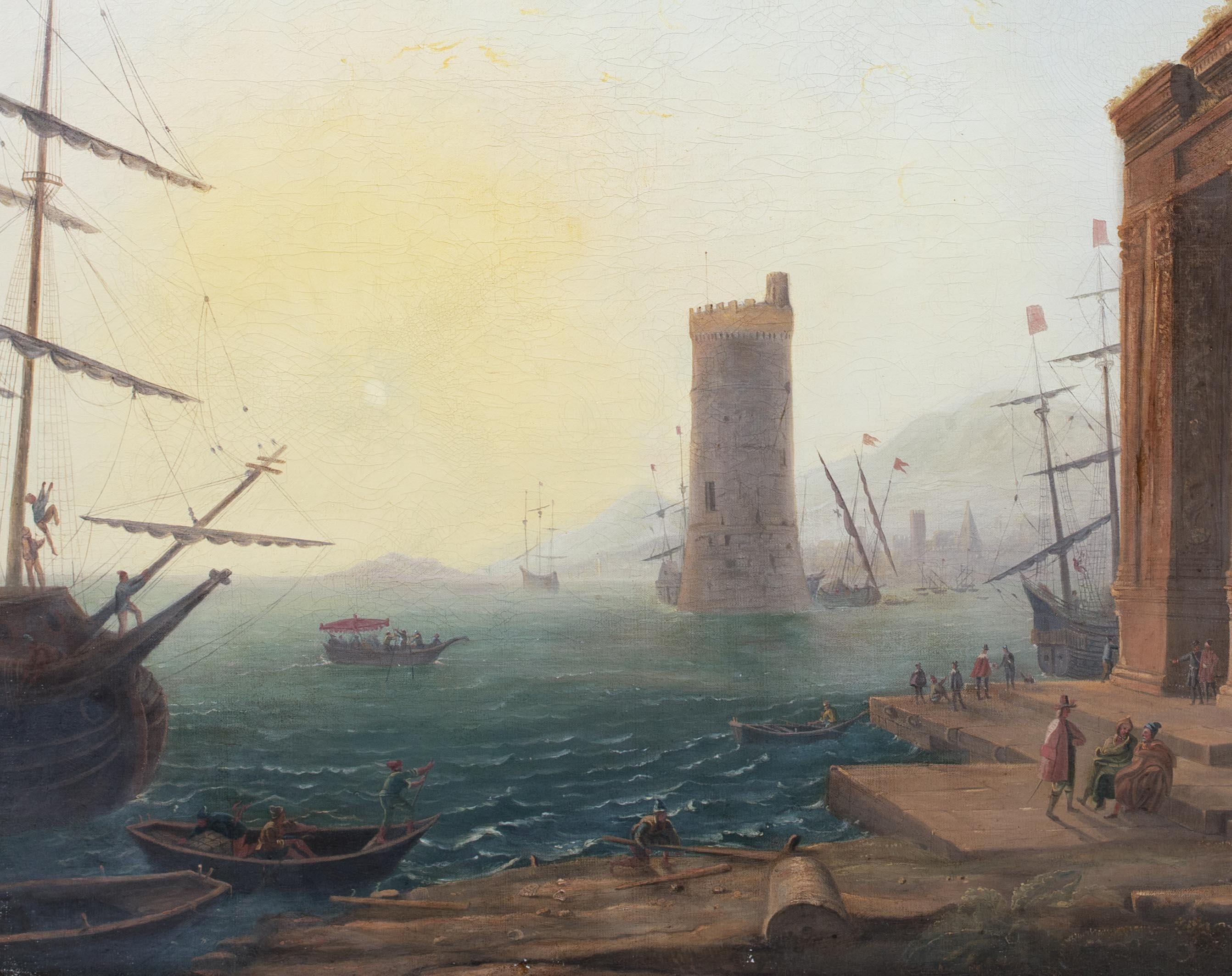 Sunset Port Landscape, circa 1690

after Claude LORRAIN (1600-1682)

Huge 17th/18th Century classical harbour landscape with figures and moored ships at sunset, oil on canvas. Huge and magnificent landscape of an extensive view of the harbour and
