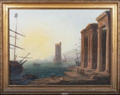 Antique Sunset Port Landscape, circa 1690  School of Claude LORRAIN (1600-1682)  Claude 