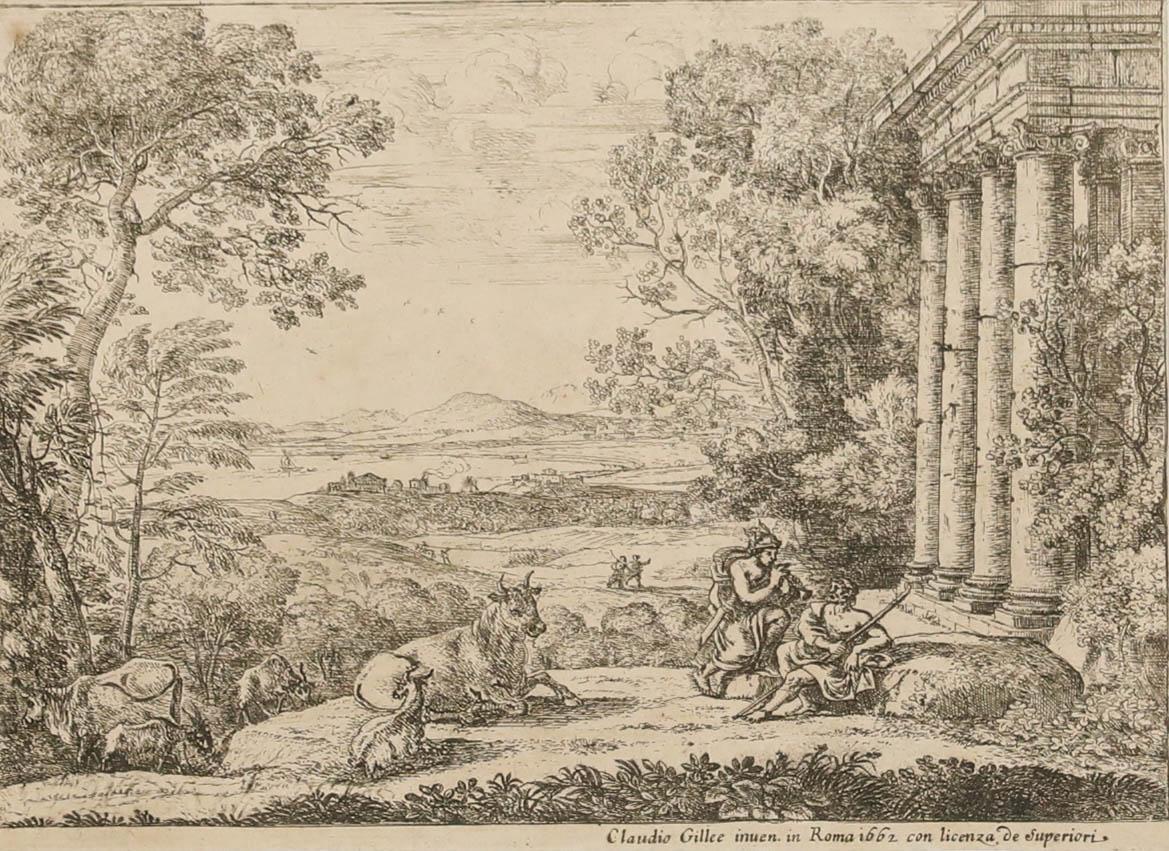 Claude Le Lorrain (1600-1682) - Framed 18th Century Etching, Mercury and Argus - Brown Figurative Print by Claude Lorrain