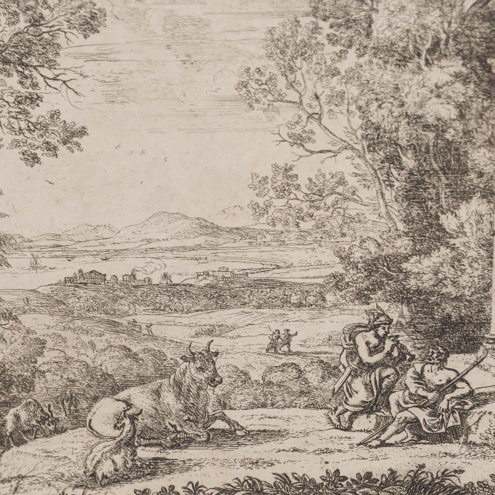 A finely detailed etching by Claudio Gellee, better known as Claude Lorrain (1600-1682). This print is a later restrike of a seventeenth-century original, and depicts the myth of Mercury and Argus, as told in The Metamorphoses by Ovid. In the story,