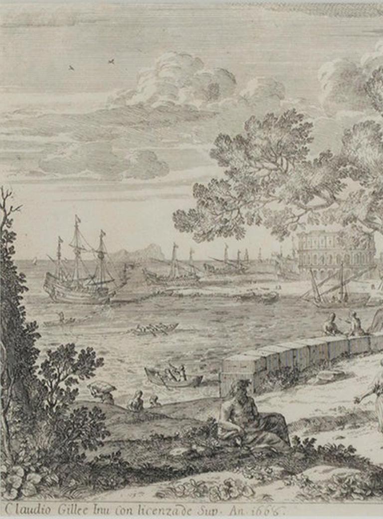 17th century etching black and white landscape harbor ruins figures scene - Print by Claude Lorrain
