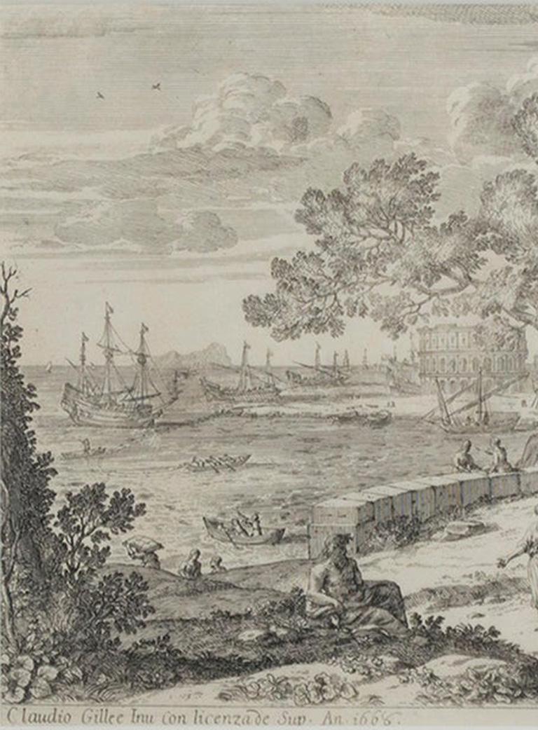 Aguafuerte del siglo XVII paisaje en blanco y negro ruinas portuarias escena de figuras - Print de Claude Lorrain