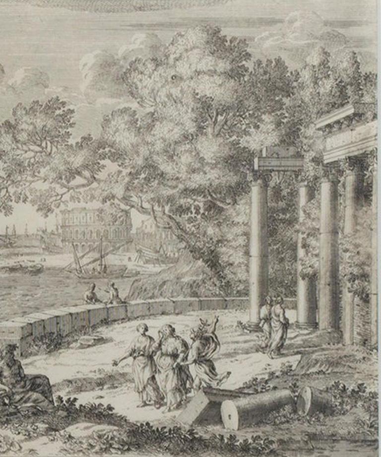 17th century etching black and white landscape harbor ruins figures scene - Old Masters Print by Claude Lorrain