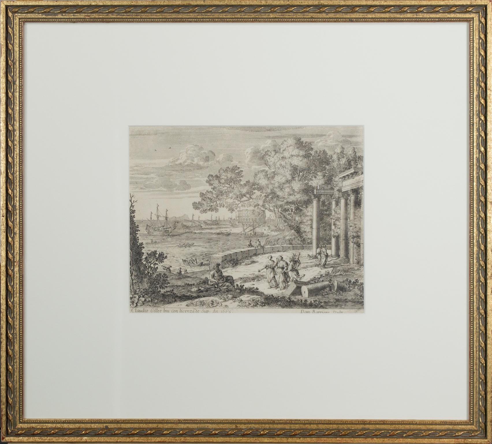 Aguafuerte del siglo XVII paisaje en blanco y negro ruinas portuarias escena de figuras - Print Antiguos maestros de Claude Lorrain