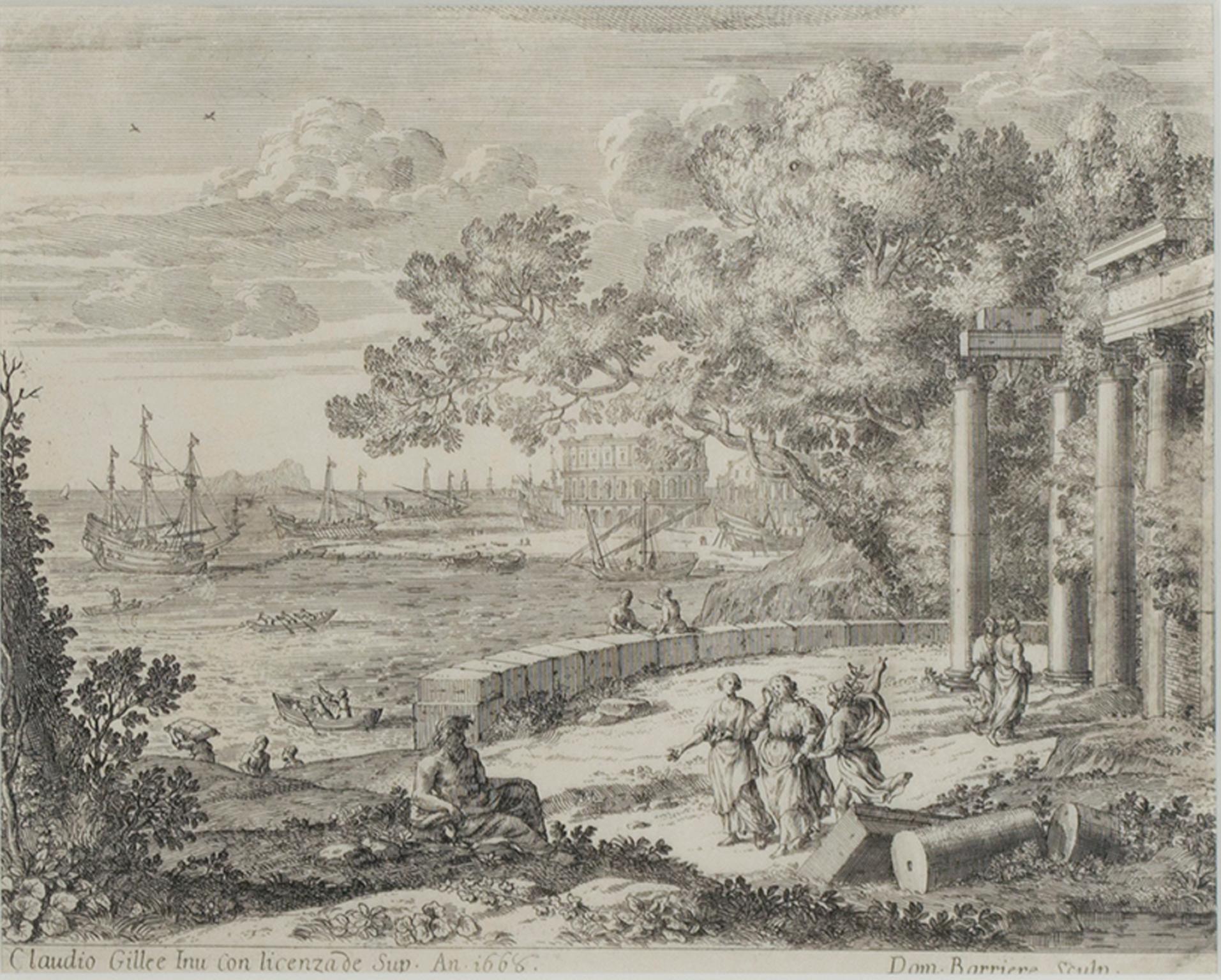 Claude Lorrain Landscape Print - 17th century etching black and white landscape harbor ruins figures scene