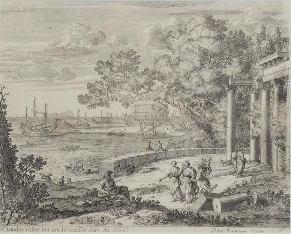 17th century etching black and white landscape harbor ruins figures scene