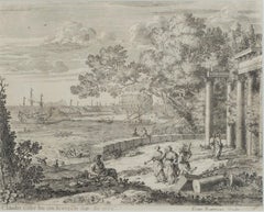 "Harbour Scene, " Engraving Landscape signed by Claude Gellee (Le Lorrain)