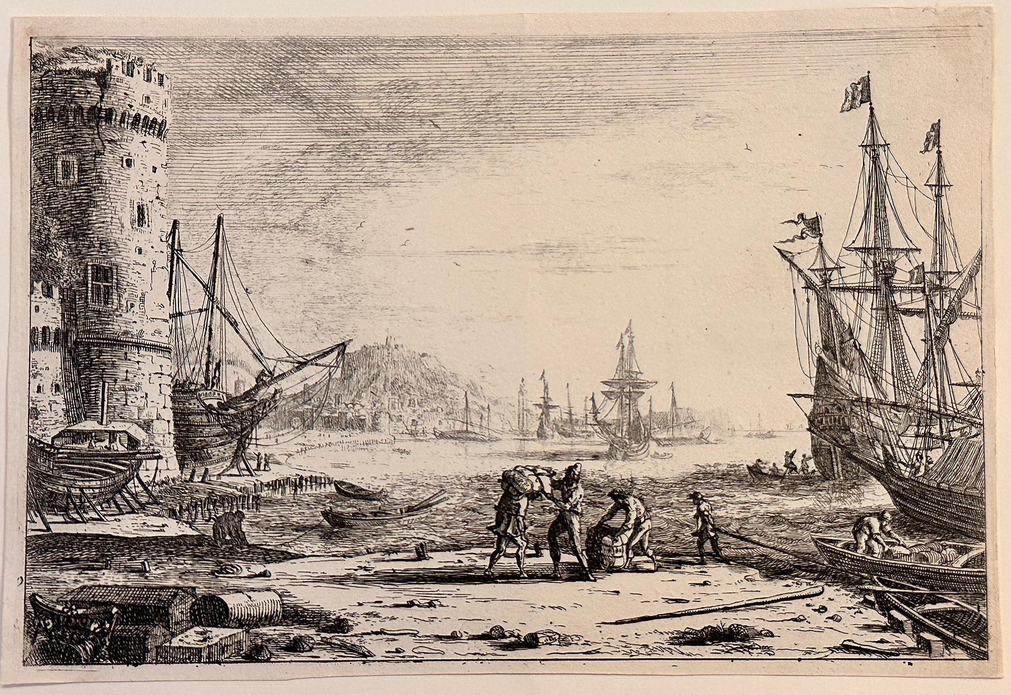 Claude Lorrain Landscape Print - Harbour with a Round Tower