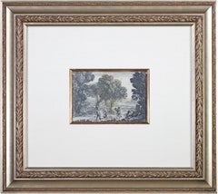 Incisione del XVII secolo, scena di paesaggio in bianco e nero con alberi e figure in cielo