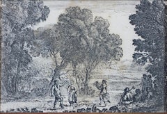 Antique 17th century etching black and white landscape scene forest trees figures sky