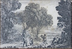 Grabado del siglo XVII escena paisajística en blanco y negro bosque árboles figuras cielo