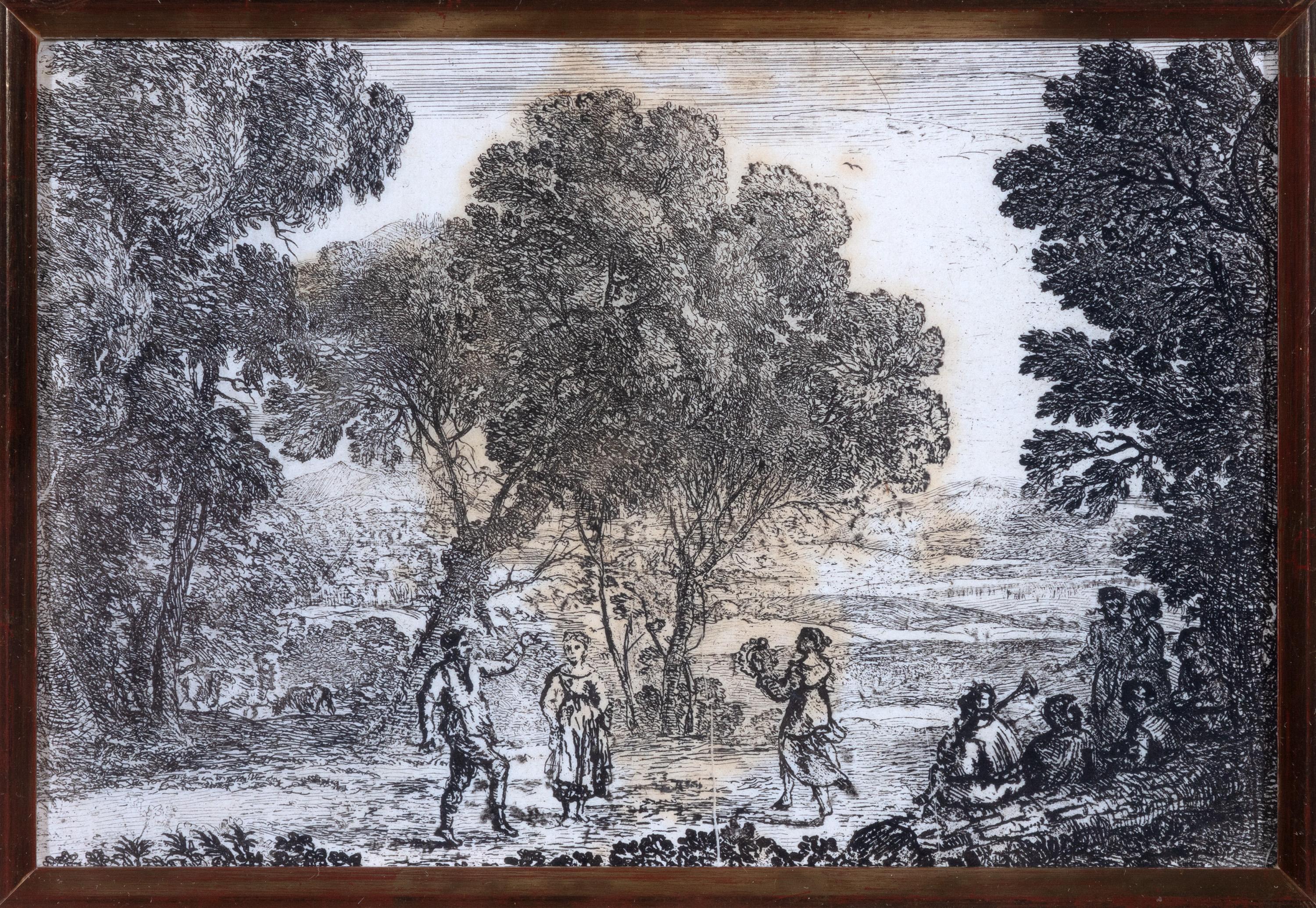17th century etching black and white landscape forest trees figures scene - Print by Claude Lorrain