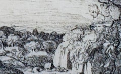17th century etching black and white landscape scene forest trees figures sky