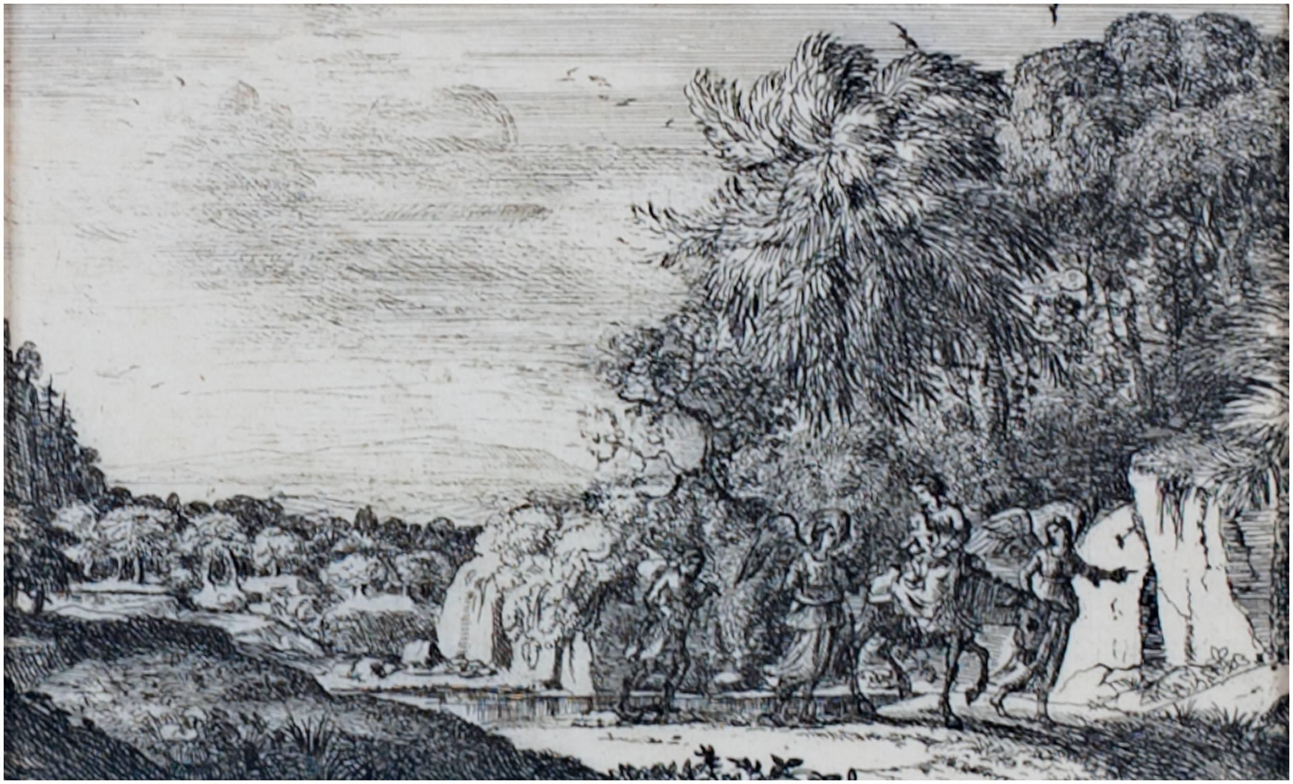 "La Fuite en Egypte (The Flight into Egypt)" is an original etching by Claude Lorrain (Claude Gelee). This piece depicts the biblical story of Mary, Joseph, and the infant Jesus going onto Egypt. One edition of this print is in the collection of the