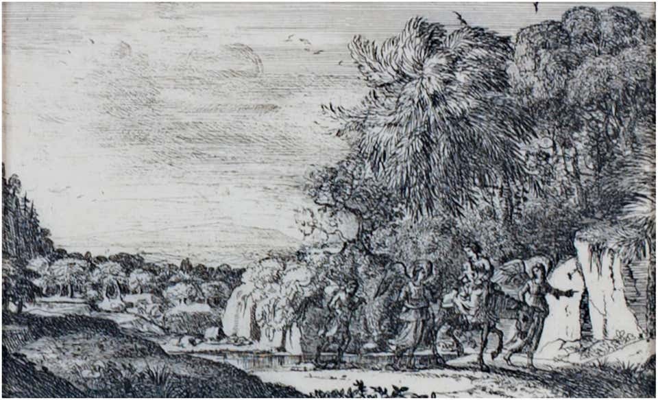 17th century etching black and white landscape scene forest trees figures sky