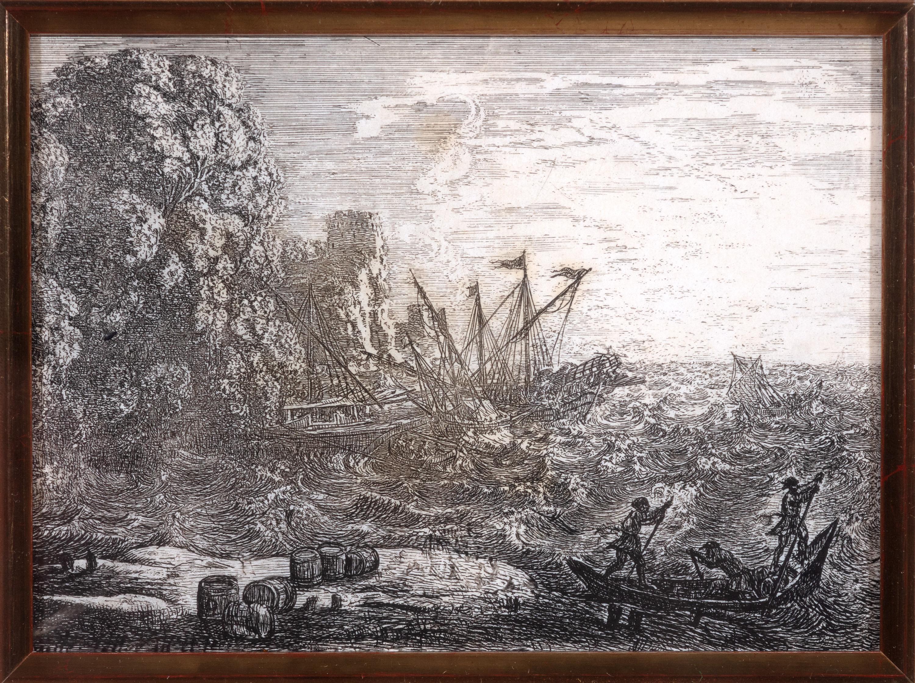 17th century etching black and white seascape scene boat waves ocean clouds sky - Print by Claude Lorrain