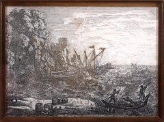 17th century etching black and white seascape scene boat waves ocean clouds sky