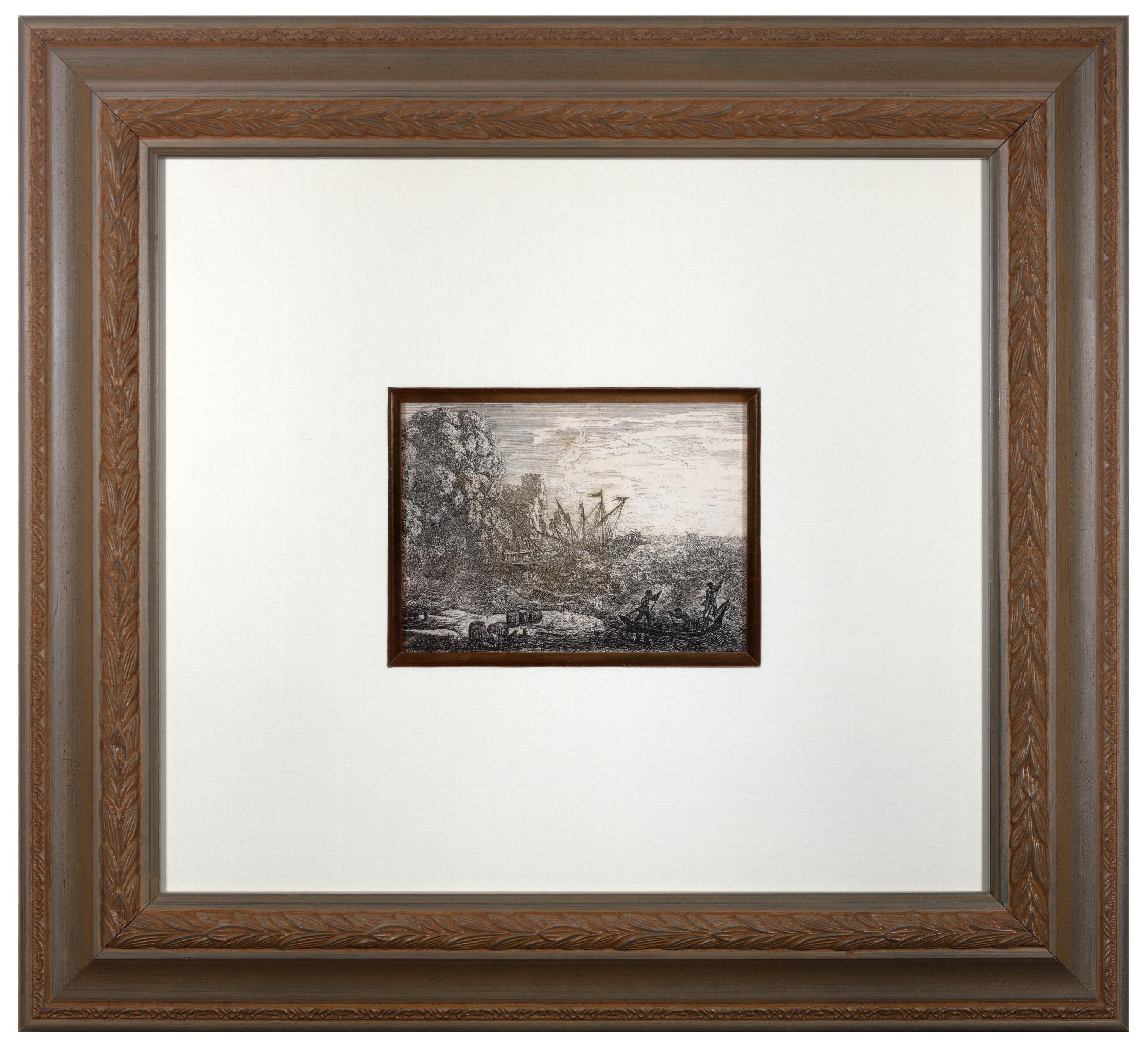 Landscape Print de Claude Lorrain - Aguafuerte del siglo XVII escena marina en blanco y negro barco olas océano nubes cielo