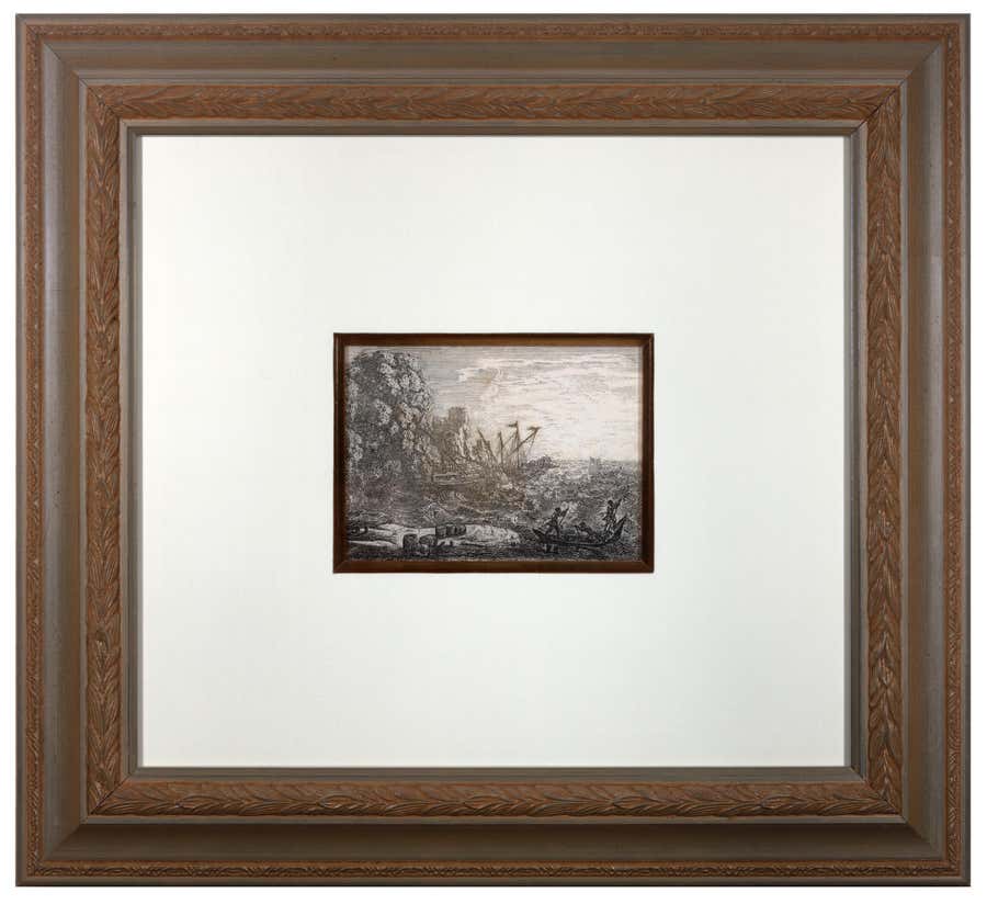 17th century etching black and white seascape scene boat waves ocean clouds sky