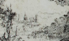 17th century etching black and white landscape forest trees river scene