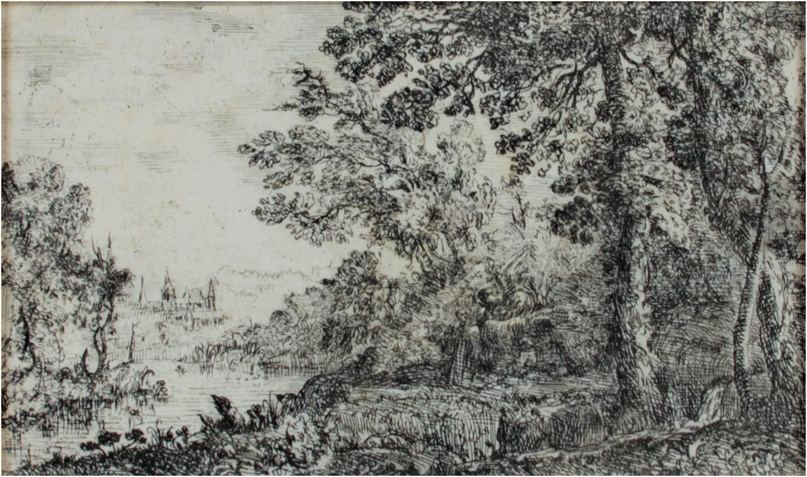 Claude Lorrain Landscape Print - 17th century etching black and white landscape forest trees river scene