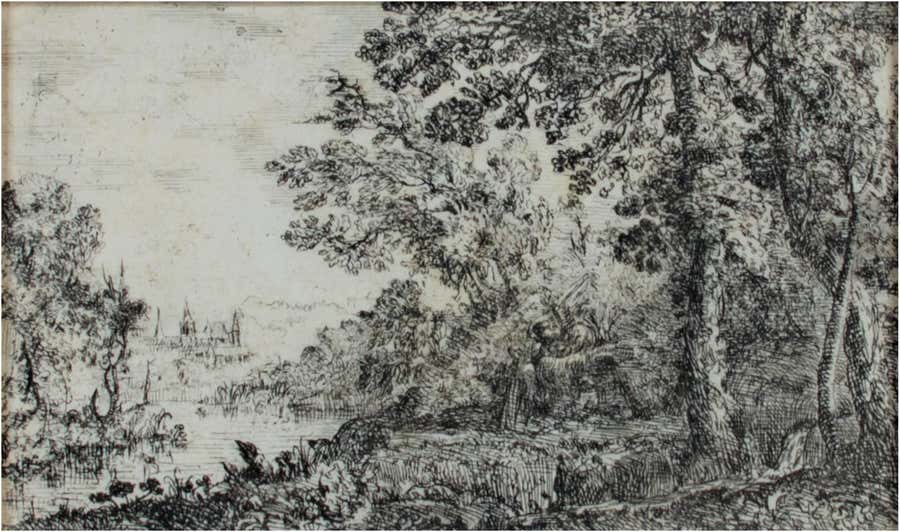 17th century etching black and white landscape forest trees river scene