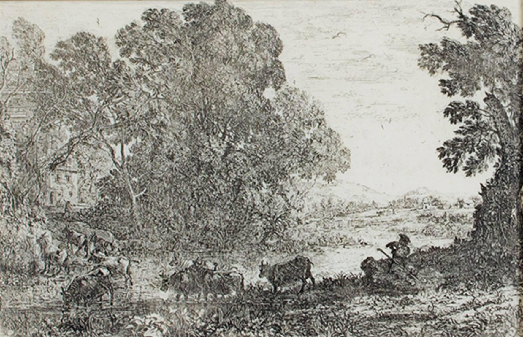 Claude Lorrain Landscape Print - 17th century etching black and white landscape scene forest trees cattle
