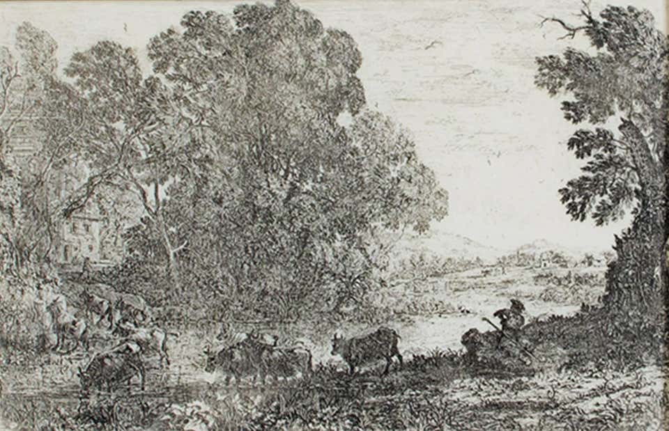 17th century etching black and white landscape scene forest trees cattle
