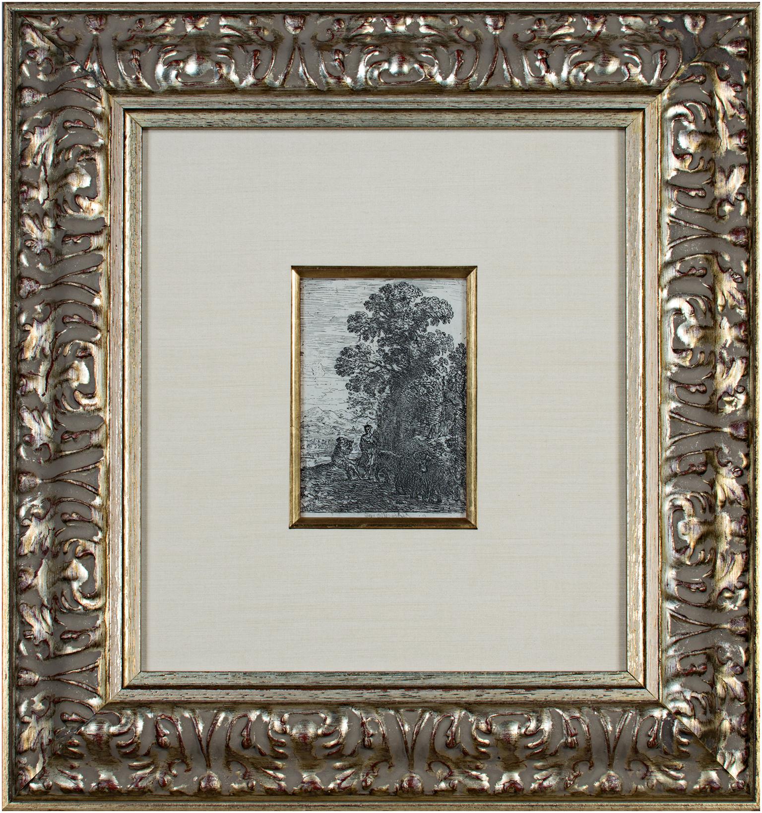 17th century etching black and white landscape forest trees figures scene - Gray Landscape Print by Claude Lorrain